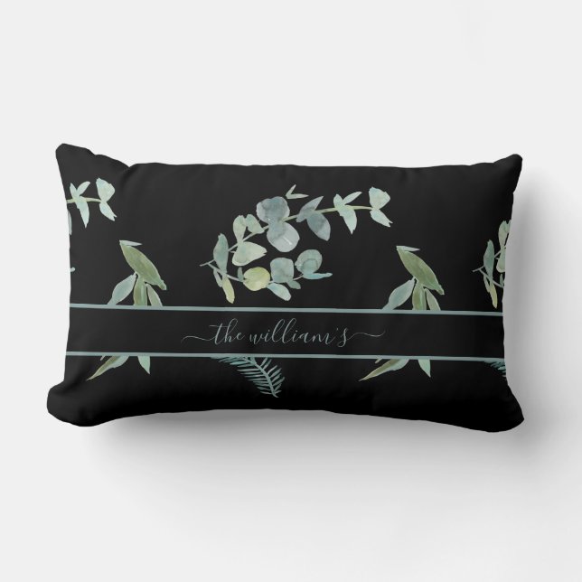 Botanical eucalyptus olive pattern black green lumbar pillow (Front)