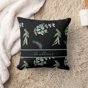 Botanical eucalyptus olive pattern black green throw pillow
