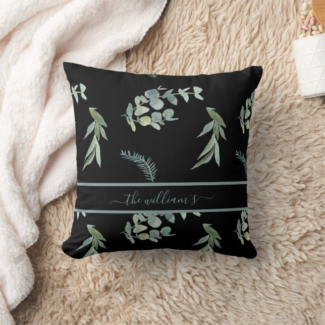 Botanical eucalyptus olive pattern black green throw pillow (Blanket)