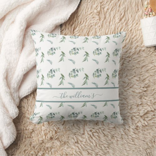 Botanical eucalyptus olive pattern white green throw pillow