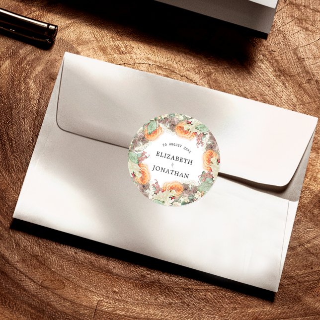 Botanical Eucalyptus Orange Roses Floral Wedding Classic Round Sticker (Creator Uploaded)