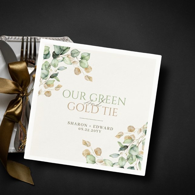 Botanical Eucalyptus Our Green & Gold Tie Wedding Napkins (Creator Uploaded)