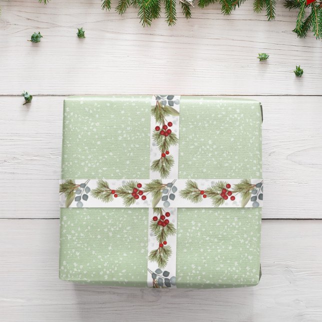 Botanical Eucalyptus Pine Branches Holly Berries  Satin Ribbon (Christmas holiday greenery, red holly berries simple ribbon.)