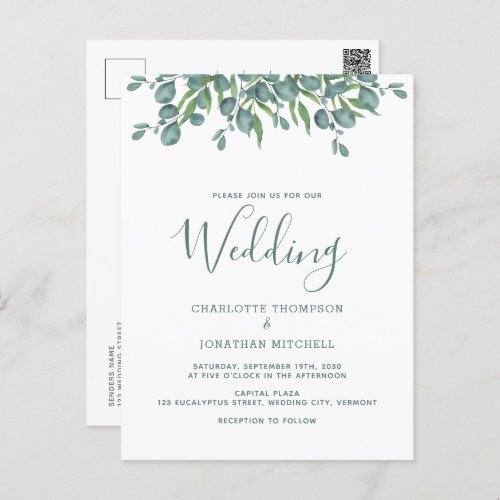 Botanical Eucalyptus Sage Green Wedding Invitation Postcard