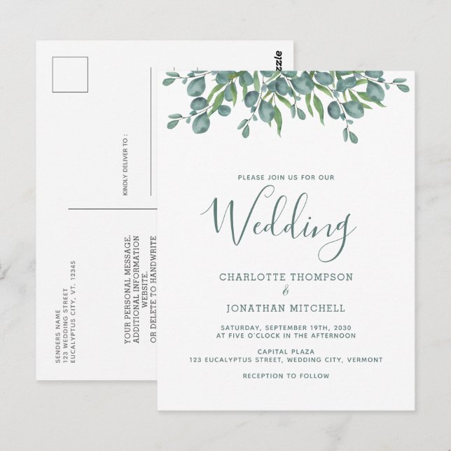 Botanical Eucalyptus Sage Green Wedding Invitation Postcard (Front/Back)