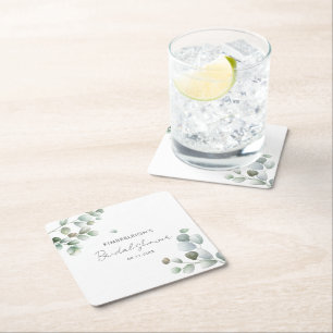 Botanical Eucalyptus Script Bridal Shower Square Paper Coaster