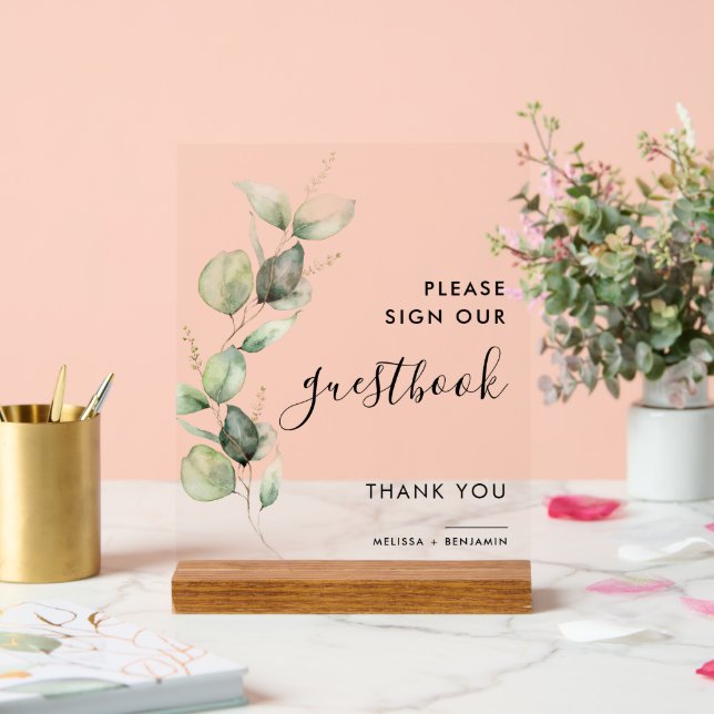 Botanical Eucalyptus Script Wedding Guestbook Acrylic Sign (Wedding)