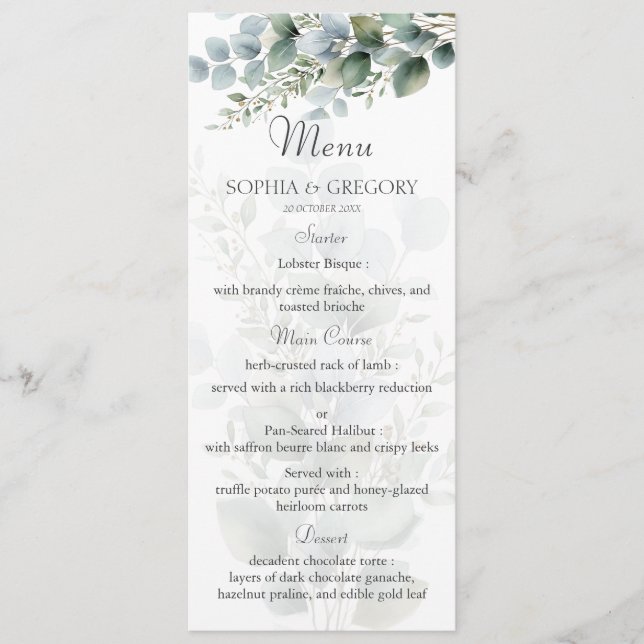 Botanical Eucalyptus Watercolor Wedding Menu (Front)