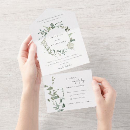 Botanical Eucalyptus Watercolor Wreath Wedding All In One Invitation