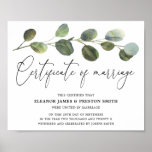 Botanical Eucalyptus Wedding Certificate  Poster<br><div class="desc">This wedding certificate keepsake is a great gift for the bride and groom but also for their friends and family. Design features a watercolor eucalyptus leaf. We recommend framing it for the best effet 🤍</div>