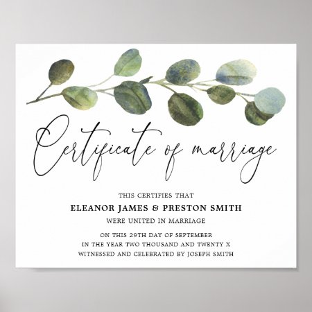 Botanical Eucalyptus Wedding Certificate  Poster