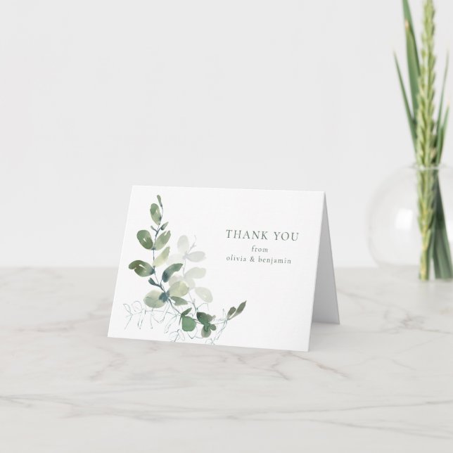Botanical Eucalyptus Wedding Couple Names Folded Thank You Card (Front)