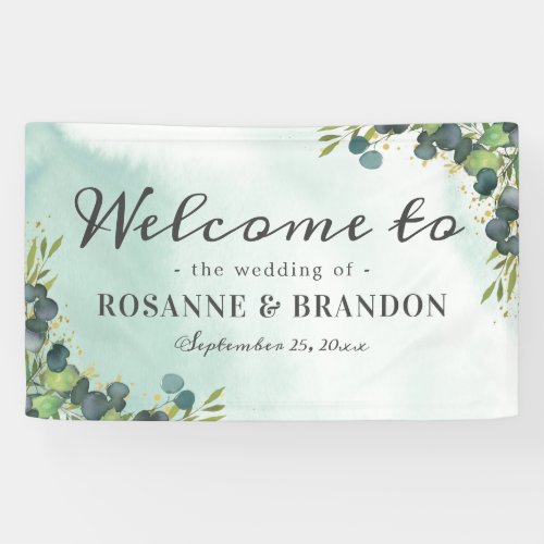 Botanical Eucalyptus Welcome Wedding Banner - Rustic wedding welcome banner featuring a dusty green/blue faded watercolor background, botanical eucalyptus leaves, splashes of faux gold foil, and a text template that is easy to personalize.