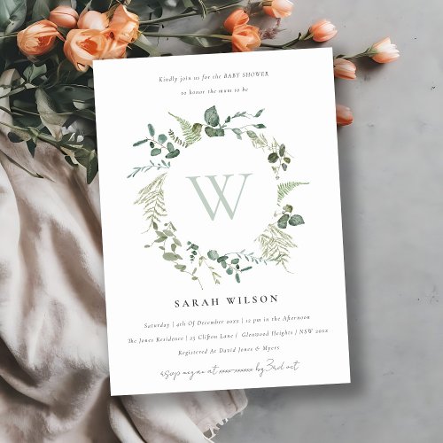 Botanical Eucalyptus Wreath Baby Shower Monogram Invitation