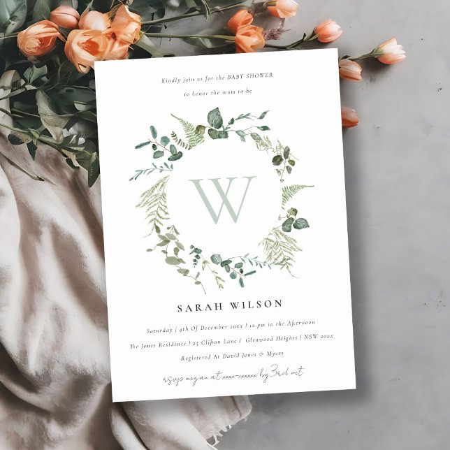 Botanical Eucalyptus Wreath Baby Shower Monogram Invitation (Creator Uploaded)