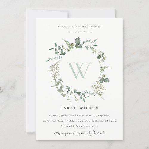 Botanical Eucalyptus Wreath Bridal Shower Monogram Invitation