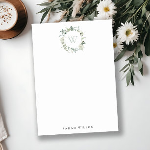 Botanical Eucalyptus Wreath Watercolor Monogram Note Card