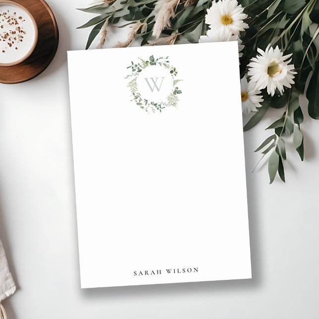 Botanical Eucalyptus Wreath Watercolor Monogram Note Card (Creator Uploaded)