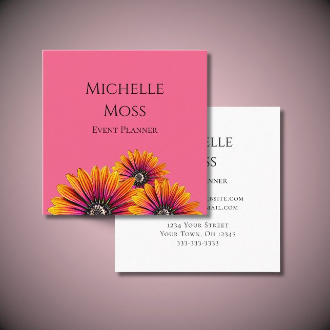 Botanical Event Planner Daisies Whimsical Pink  Square Business Card (Creator Uploaded)