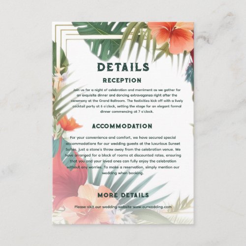 Botanical Exotic Destination Wedding Details Enclosure Card