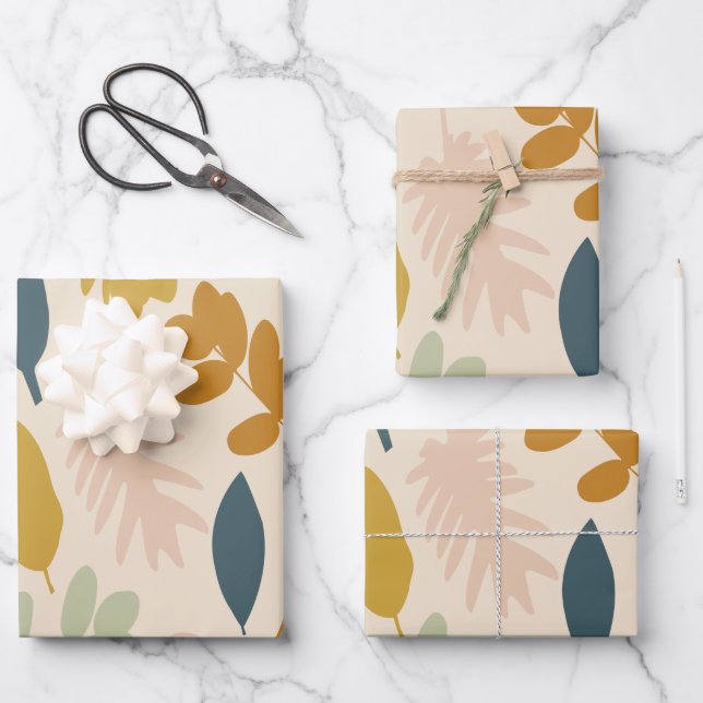 Botanical Fall Flowers and Leaves Pattern Wrapping Paper Sheets (Front)