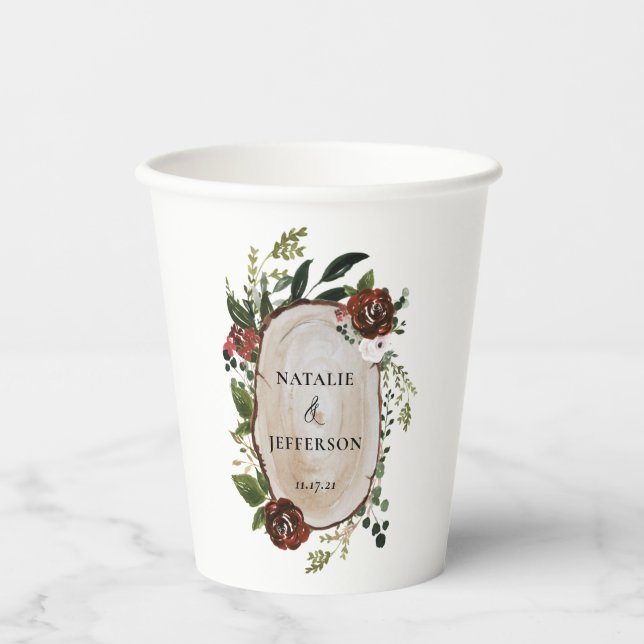 botanical farmhouse rustic wood slice wedding paper cups (Front)