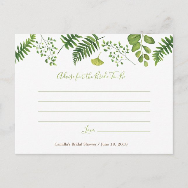 Botanical Fern Bridal Shower Advise Card (Front)