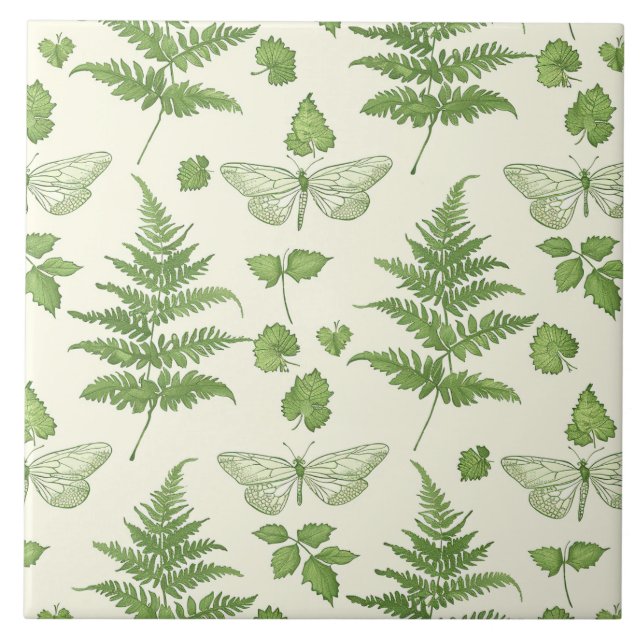 Botanical Fern Design Green Yellow Ceramic Tile (Front)