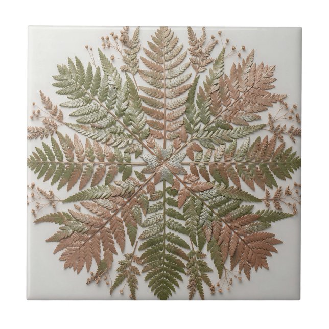 Botanical Fern Green Copper Pressed Leaves Ceramic Tile (Front)