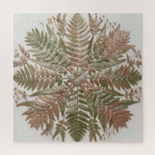 Botanical Fern Green Copper Pressed Leaves Jigsaw Puzzle
