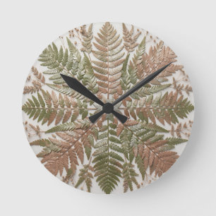 Botanical Fern Green Copper Pressed Leaves Round Clock