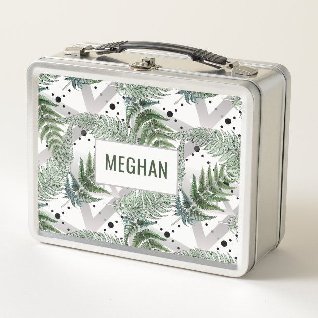 Botanical Fern & Polka Dots Customizable Metal Lunch Box (Front)