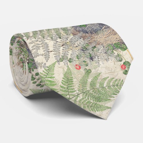 Botanical Ferns Flowers Leaves Birds Nests Tie