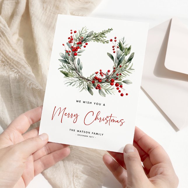 Botanical Festive Christmas Wreath Merry Christmas Holiday Card (Creator Uploaded)