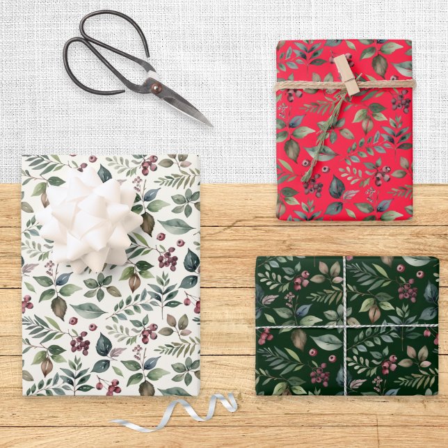 Botanical Festive Greenery and Berries Christmas Wrapping Paper Sheets (An elegant set of Christmas gift wrap sheets in red, winter white and green, with botanical pattern)