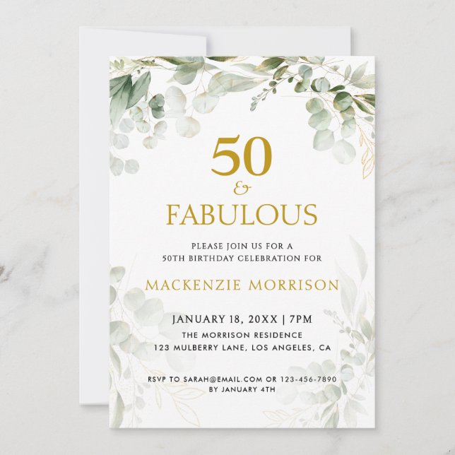 Botanical Fifty and Fabulous Script Birthday Party Invitation (Front)