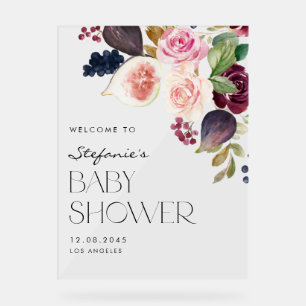 Botanical Figs and Burgundy Flowers Baby Shower Acrylic Sign