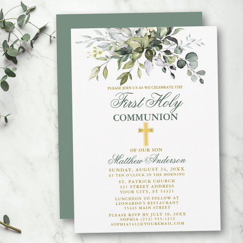 Botanical First Communion Gold Sage Green Invitation