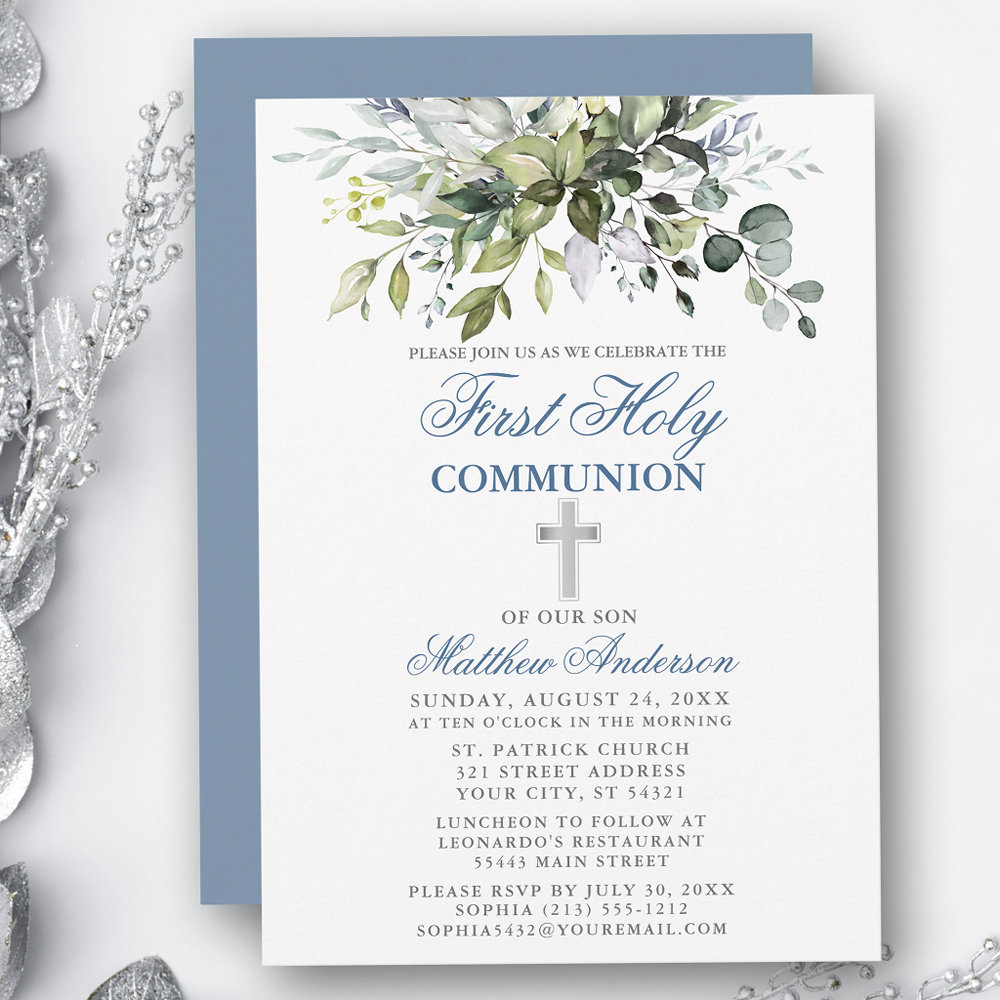 Botanical First Communion Dusty Blue Silver Invitation