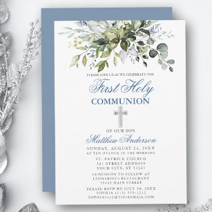 Botanical First Communion Silver Dusty Blue Invitation