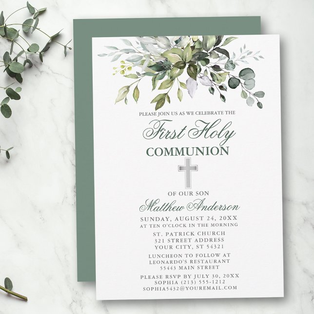 Botanical First Communion Silver Sage Green Invitation (Customize to change text color,  size, style or to change color of back of card.)