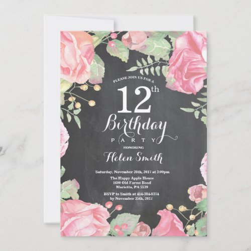 Botanical Floral 12th Birthday Invitation