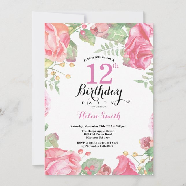 Botanical Floral 12th Birthday Invitation (Front)