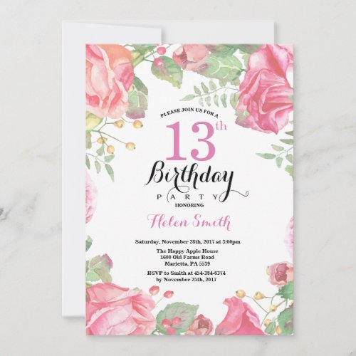 Botanical Floral 13th Birthday Invitation