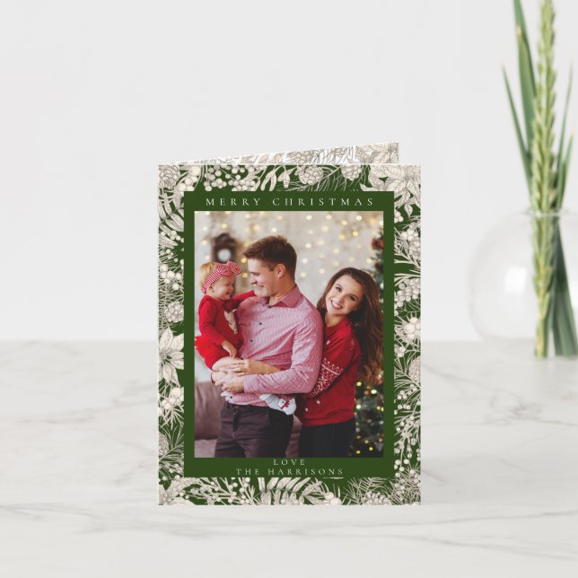 Botanical Floral 1 photo Green Merry Christmas Holiday Card (Front)