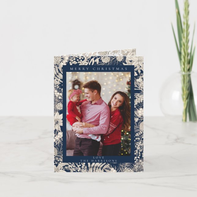 Botanical Floral 1 photo Navy Blue Merry Christmas Holiday Card (Front)
