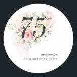Botanical Floral 75th Birthday Party Classic Round Sticker<br><div class="desc">Cute and modern, yet elegant 75th birthday party sticker. Featuring a trendy layout and watercolor floral and greenery eucalyptus and pink blush. Perfect for any age birthday party celebration. This template can be easily edited and the text replaced with your own details by clicking the "Personalize" button. For further customization,...</div>