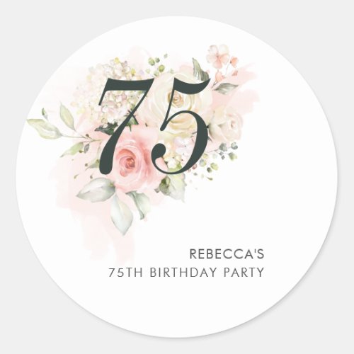 Botanical Floral 75th Birthday Party Classic Round Sticker