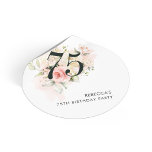 Botanical Floral 75th Birthday Party Classic Round Sticker<br><div class="desc">Cute and modern, yet elegant 75th birthday party sticker. Featuring a trendy layout and watercolor floral and greenery eucalyptus and pink blush. Perfect for any age birthday party celebration. This template can be easily edited and the text replaced with your own details by clicking the "Personalize" button. For further customization,...</div>