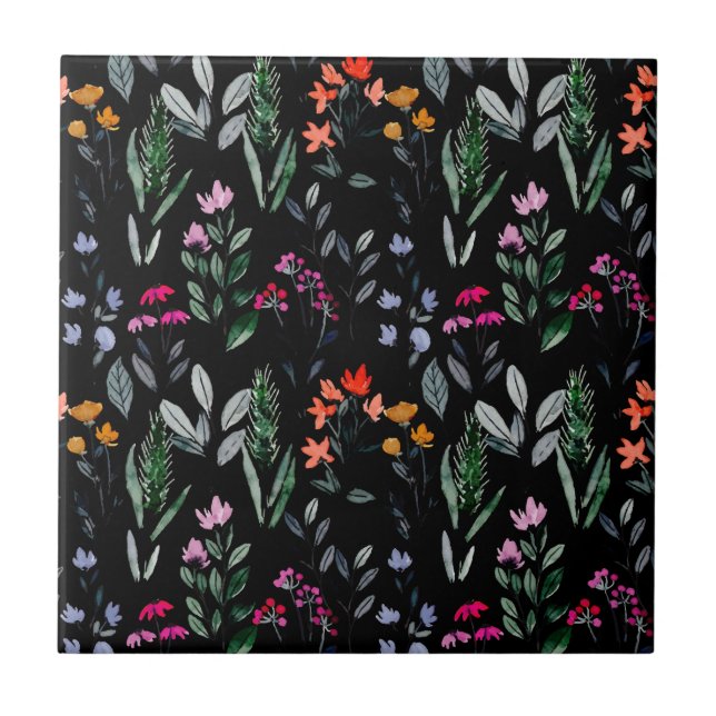 Botanical floral and leaf Cool black pattern decor Ceramic Tile (Front)